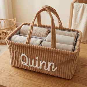 Panier de rangement en velours côtelé personnalisé avec nom, panier à linge, corbeille à couches, cadeau attentionné pour les parents à venir, les nouveau-nés - Product Image 2