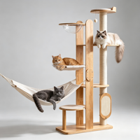 Arbre à chat SkyTower 183 cm extra haut en bois d'hévéa avec lit, capsule en acrylique transparent, hamac en tissu, griffoir en sisal et perchoirs multi-niveaux