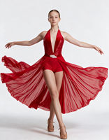 Robe de danse lyrique pour filles en velours et spandex, rouge, avec paillettes et strass, fente haute, jupe longue, costume de scène pour compétition