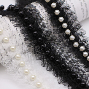 Fabriqué en Chine fantaisie 3cm taille à volants blanc noir tulle dentelle garniture avec perle pour vêtements sac chaussures - Product Image 1