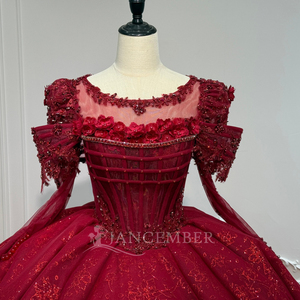 XS298 Vestido de Quinceañera Rojo Popular de Manga Larga con Corte Imperio, Cola Capilla, Apliques de Cristal y Estampado con Cuentas - Product Image 5
