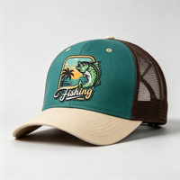 Casquette Trucker en Maille Personnalisable avec Logo, Trois Tons (Vert Teal, Marron, Beige), Patch de Pêche, Respirante et Tendance