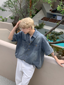 <span class=keywords><strong>Camisa</strong></span> Casual Holgada de Verano para <span class=keywords><strong>Hombre</strong></span>, Estilo Japonés, Nueva Colección, <span class=keywords><strong>Manga</strong></span> <span class=keywords><strong>Corta</strong></span>, Vaquera Lavada Retro, Estilo Urbano Americano, Cierre de Botones - Product Image 2