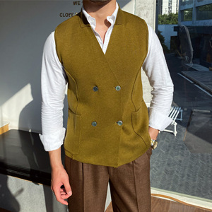 Gilet da Uomo Slim-Fit Versatile Doppio Petto <span class=keywords><strong>in</strong></span> <span class=keywords><strong>Lana</strong></span> con Scollo a V <span class=keywords><strong>Panciotto</strong></span> Senza Maniche <span class=keywords><strong>in</strong></span> Maglia per Tre Stagioni Autunno Inverno - Product Image 3
