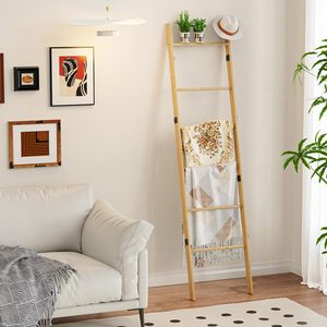 BAMBOOHOMIE Usine 6 Niveaux Bambou Bois <span class=keywords><strong>Serviette</strong></span> Couverture Porte-<span class=keywords><strong>Échelle</strong></span> pour Salle De Bains Salon Mur Penché Bambou Porte-Serviettes - Product Image 5