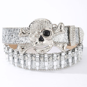 Cinturón de Cuero PU con Hebilla de Aleación de Calavera con Pedrería Personalizada y Brillo, Estilo Punk Brillante con Diseño de Bala para Uso Diario y Fiestas - Product Image 6