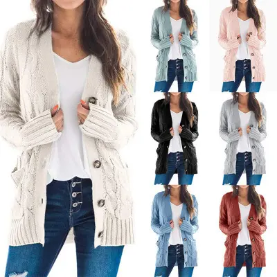 Fall Winter Long Sleeve Open Button Cable Knit Cardigan Sweater with Pockets Long Oversized Plus Size Women's Sweaters for Women