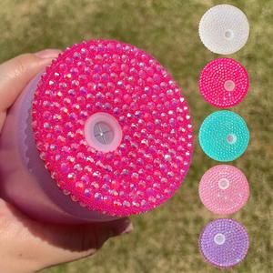 Couvercles en plastique acrylique PP colorés et ornés de strass pour bocaux en verre avec trou pour paille – Expédition depuis l'entrepôt américain - Product Image 1