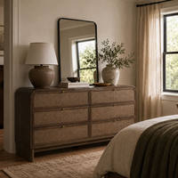 Commode large de style français moderne et luxueuse en bois avec 6 tiroirs, finition noyer, meuble de chambre à coucher