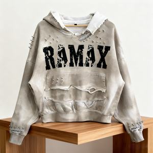 Sweat à capuche zippé RAMAX OEM 500 GSM personnalisé avec logo, 100% coton peigné, épaules tombantes, effet délavé et vieilli - Product Image 1