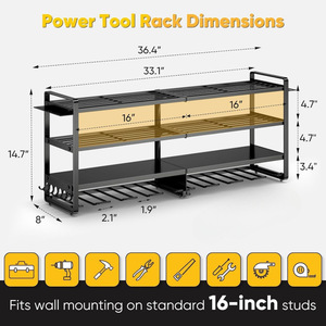 Large <b>wall</b>-<b>mounted</b> power tool storage rack, 4-tier metal multi-functional battery <b>shelf</b> with 8 drill holders - Product Image 2