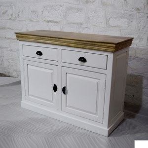 Soporte de TV de madera de mango en bruto sólido de estilo industrial de inspiración francesa, dos cajones, tablero bajo de hierro para el hogar, sala de estar, granja - Product Image 1