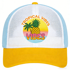 Topi Trucker Tropical Vibes - Topi Bisbol dengan Bagian Belakang Berjaring Kuning & Biru Muda, Bermotif Nanas & Pohon Palem, Bahan Bernapas - Product Image 1