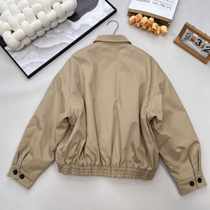 Women Collared Zip Up Bomber <b>Jacket</b> Elastic Waist Casual Harrington Outerwear - Product Image 2