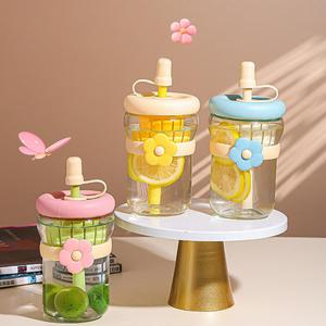 Hoa cup, đơn giản thủy tinh trong suốt nước cup với nắp và rơm, cao xuất hiện mức độ lạnh uống cup - Product Image 1