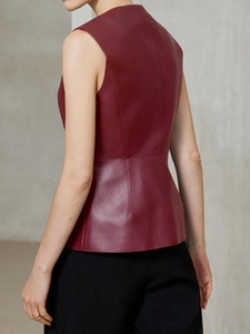 OEM ODM Custom <strong>Women</strong> Burgundy Round Neck Peplum Waist Fitted Leather Sleeveless Vest Slim Fit Seam Sheepskin Leather <strong>Gilet</strong> Top - Product Image 4