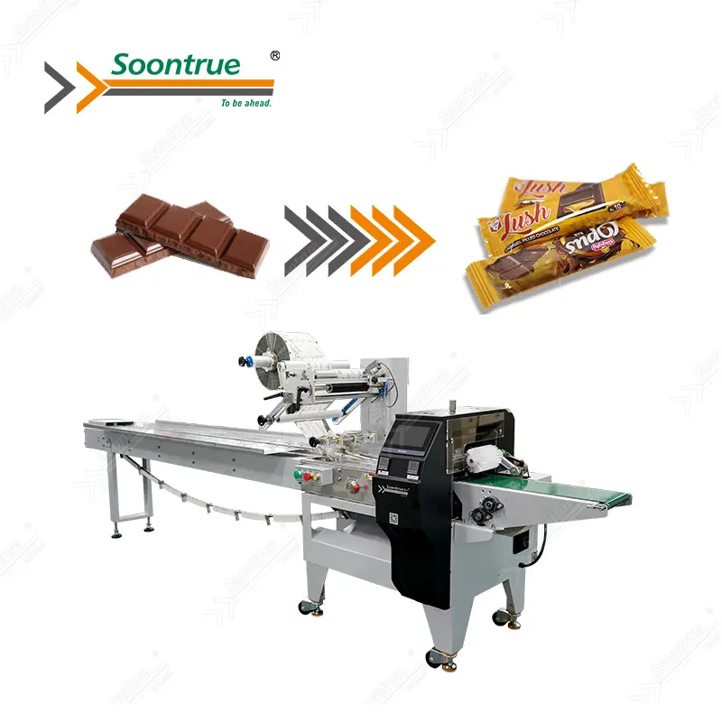 Soontrue sz180 automático chocolate candy bar comida fluxo wrapper pack máquina de embalagem