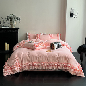 Chic Đơn Giản Dày Cao Đếm Mật Độ Cao Màu Rắn Rửa Sạch Bông Hai Lớp Ruffles 4Pcs Bộ Đồ Giường Bộ Chăn Bìa Bộ - Product Image 4