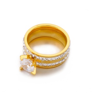 High Quality Stainless Steel Gold Plated Double Row Diamond Titanium Steel Wedding <b>Ring</b> for Women - Product Image 2
