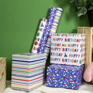 Papel de Regalo Impreso de Feliz Cumpleaños, Rollo de Papel de Regalo al por Mayor de 17 Pulgadas con Diseño de Rayas y Puntos Coloridos para Niños y Adultos - Product Image 4