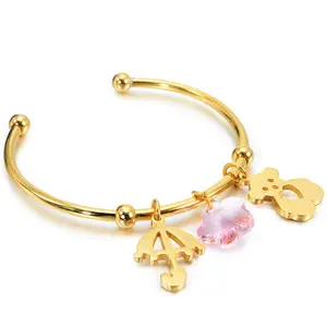 New Arrival Fashion Opening Cuff Gold Womens Girls Stainless Steel Colorful Crystal small heart Charm Bracelets & Bangles