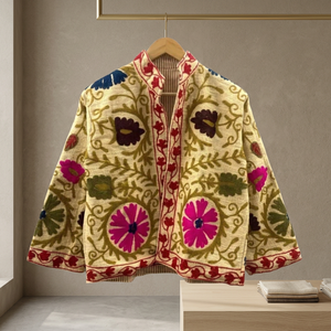 Veste en coton et lin brodée de fleurs au point de chaînette pour femme, style vintage, travail Suzani du Cachemire, ouverte sur le devant, style bohème - Product Image 1