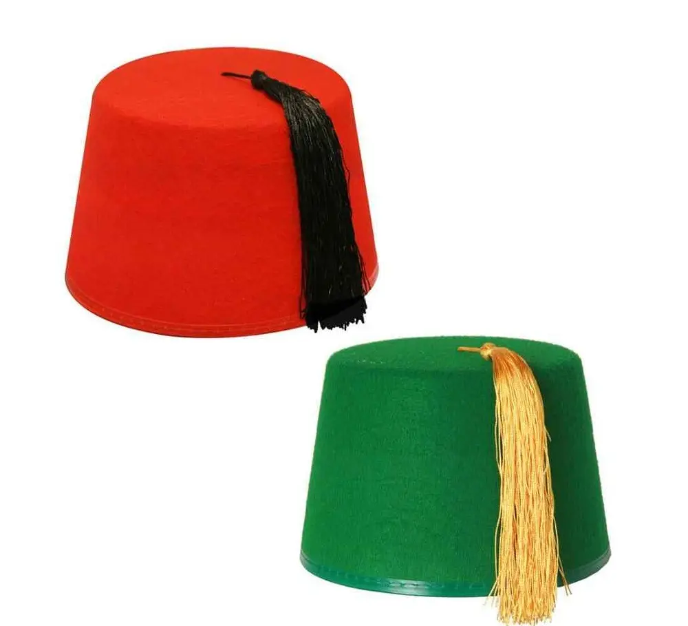 Kırmızı türk şapka Tarboosh giyinmek kostüm partisi fas kostüm şapka yeşil Fez şapka altın püskül