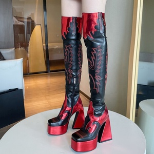 Unique Design Big Size 46 Mixed Colors Embroidered Over Knee Boots Women High Block Heel Platform Long Booties Big Leg Fit <b>Shoes</b> - Product Image 4