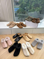 Mules sabots pour femmes à dessus en tissu bouclé, bordure en peluche bouclée, bout rond, semelle épaisse, à enfiler, pour l'automne et le quotidien