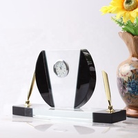 Horloge en cristal K9 avec porte-stylo, décoration de bureau, décoration de table, style monochrome, cadeau de bureau