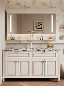 French cream wind rock board seamless ceramic basin intelligent mirror floor standing American <b>oak</b> bathroom cabinet - Product Image 2