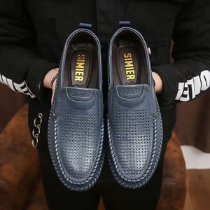 Mocasines de Cuero Genuino para Hombre, Verano, Sin Cordones, Transpirables, Suela de Goma, Zapatos Casuales, Diseño Sólido, Logotipo Impreso, Perforados - Product Image 4