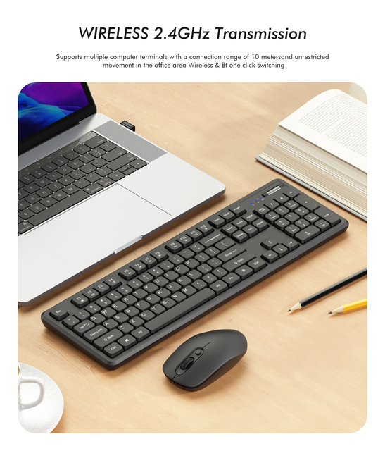 Umila SC602 Slim Wireless USB Keyboard Mouse Combo-Ergonomic Design Multimedia Keys Volume Wheel Waterproof Black Laptop