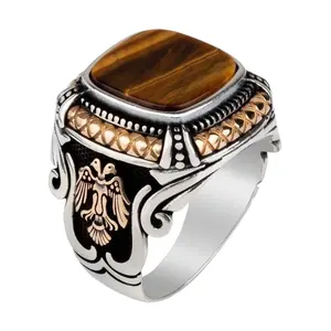 厂家直销复古镀银虎眼石镶嵌经典男士阿拉伯戒指人造宝石经典戒指