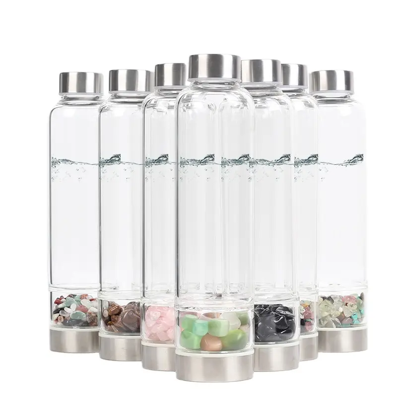 Garrafa de água potável de cristal natural, garrafa de água potável de cristal natural de quartzo para cura, frasco de elixir, garrafa com pedra preciosa infundida para yoga