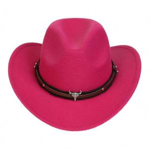 Chapeau de cowboy occidental à large bord en feutre pour enfants, avec accessoire tête de taureau en feutre à poils relevés, couleur unie - Product Image 6