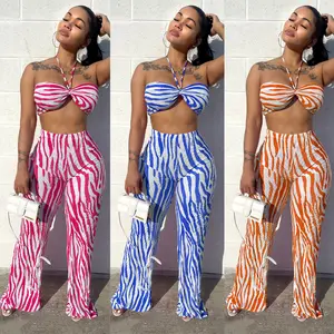X02325T Zebra Printed Pleated Women's Set Crop Top and Wide Leg Pants Suit 2023 Summer Fashion Two 2 Piece Set Outfits Tracksuit