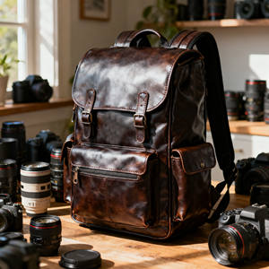 Рюкзак для фотокамеры DSLR из винтажной веганской кожи от производителя OEM, с большой мягкой подкладкой, для уличных фотографов, походов и повседневных прогулок - Product Image 2