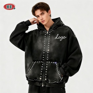 هوديز رجالي عالي الجودة من المصنعين، سترة رياضية بسحاب وغسيل حمضي، مقاس كبير XXL، تصميم فضفاض مع أحجار الراين - Product Image 2