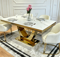 Table à manger rectangulaire de luxe légère avec plateau en marbre, mobilier de salon pour la maison et les restaurants, en acier inoxydable poli