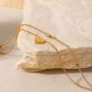 Liontin cinta berlapis emas 18K tahan air kustom perhiasan emas asli rantai manik-manik Oval baja tahan karat ganda gelang kaki untuk wanita
