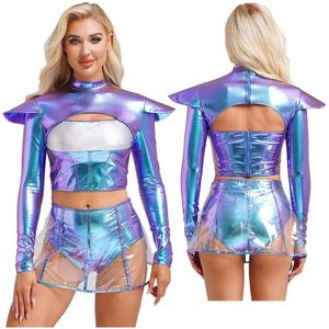 Disfraces de alienígena para mujer, conjunto de 2 piezas estilo espacial, top corto metálico, falda de PVC, holográfico, para festivales rave, cyberpunk - Product Image 2