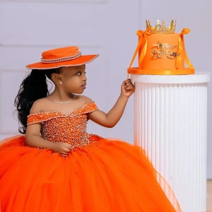 Abiti da festa per ragazze in tulle arancione, abiti da ballo personalizzati con cristalli, abito da damigella per <span class=keywords><strong>matrimonio</strong></span>, abito da concorso per bambini - Product Image 4