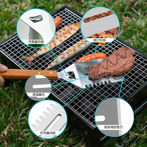 <b>BBQ</b> <b>Tools</b> Bamboo Box 5-Piece Set, Baking Pan, Stainless Steel Barbecue <b>Tools</b>, Knife, Fork, Spatula, Skewer Clips, Oxford Cloth - Product Image 3