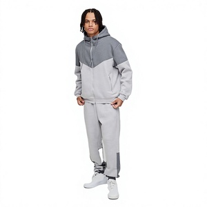 Mens Grey and <b>Charcoal</b> Two-Tone Full-Zip Hooded Sweatshirt and Matching <b>Jogger</b> Pants Tracksuit OEM ODM Wholesale Apparel - Product Image 1