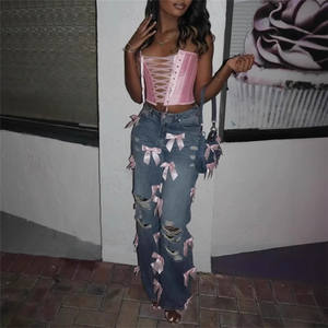 Mujer Casual Bowknot Decor Y2k Pantalones de mezclilla Sueltos Rectos Dulce Coquette Estética Ripped <span class=keywords><strong>Jeans</strong></span> Pantalones - Product Image 4