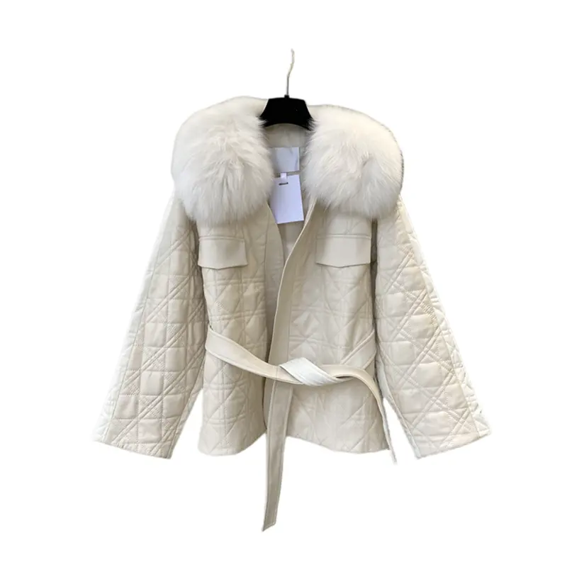 Sıcak satış yeni stil tilki kürk yaka kuzu deri mont kadın koyun kürk ceket 100% hakiki kürk ceketler