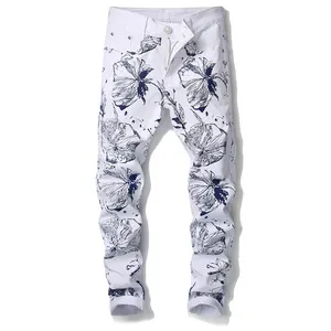 White washed men's denim printed flower jeans clear cotton denim pants for boys