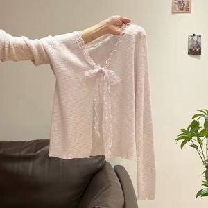 Women's V-Neck Long Sleeve Sheer <b>Cardigan</b> Lace Up Lightweight Knit Top <b>Spring</b> Summer Outerwear - Product Image 1