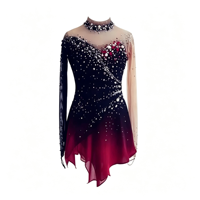 Robe de patinage artistique à col haut et manches longues, dégradé noir et rouge, avec strass en maille pour enfants et adultes, pour les compétitions sur glace